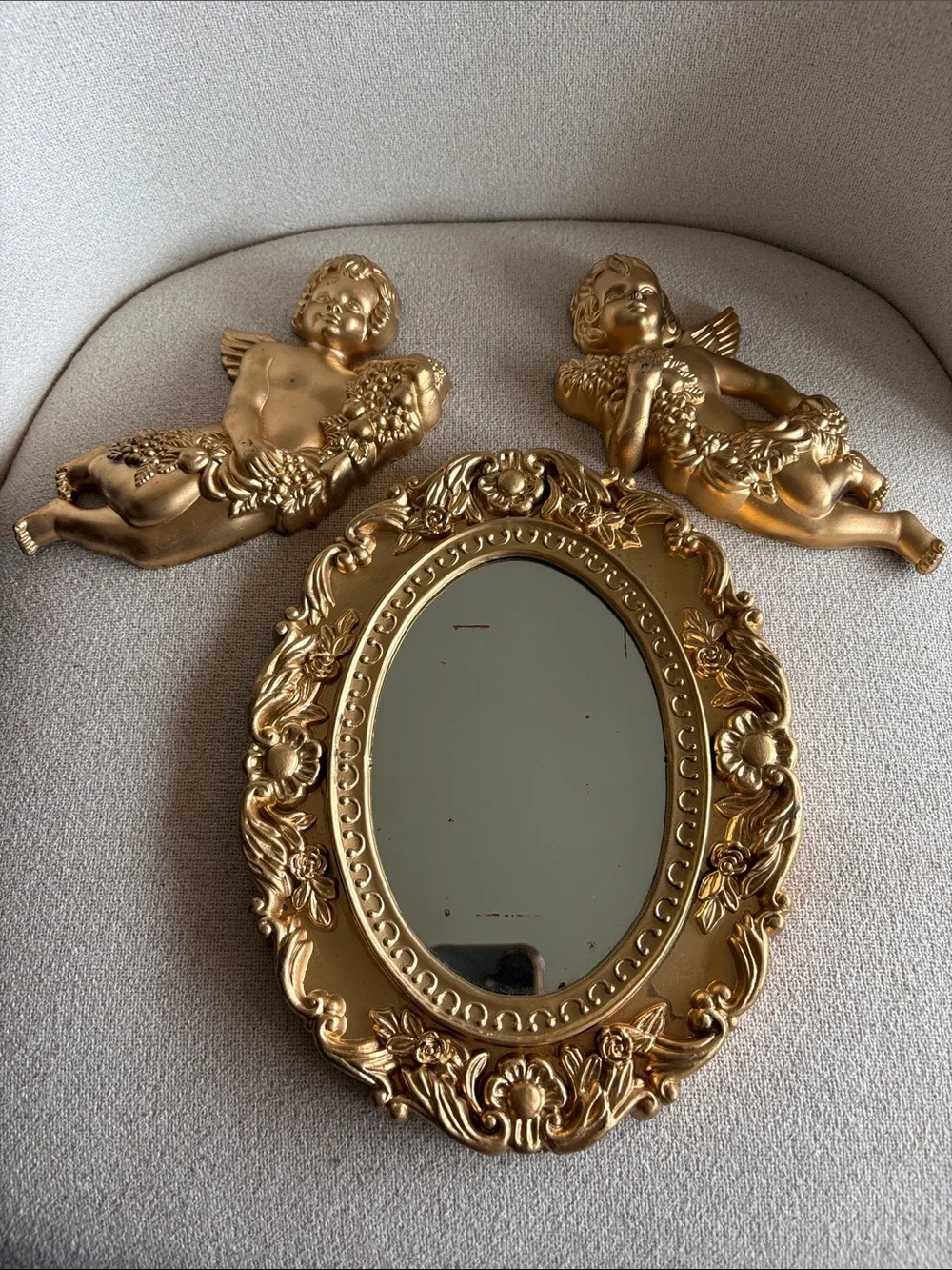 VTG WF Worldwide Federation Gold Plastic Mirror & Cherub Set of 3